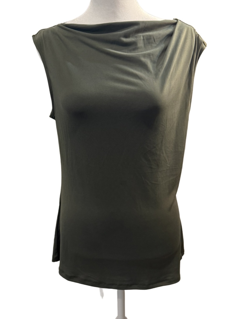 Dkny Olive Green Sleeveless Drape Neck Top with Zip Shoulder. Small
